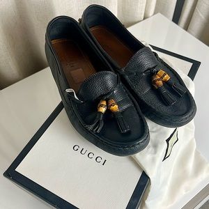 Gucci Black Leather Bamboo Tassel Lace Damo Loafers Size 37